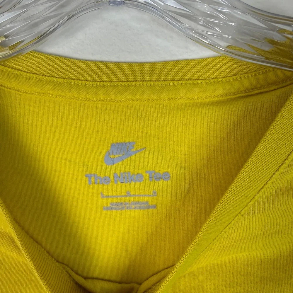 Nike T-Shirt Mens Large Yellow Multi Logo Graphic Short Sleeve Sportswear Tee